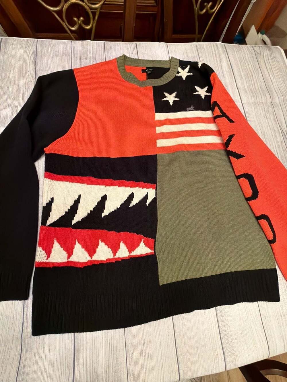 AKOO Mens Colorblock Patchwork Graphic Sweater Red Black Olive Size 3XL